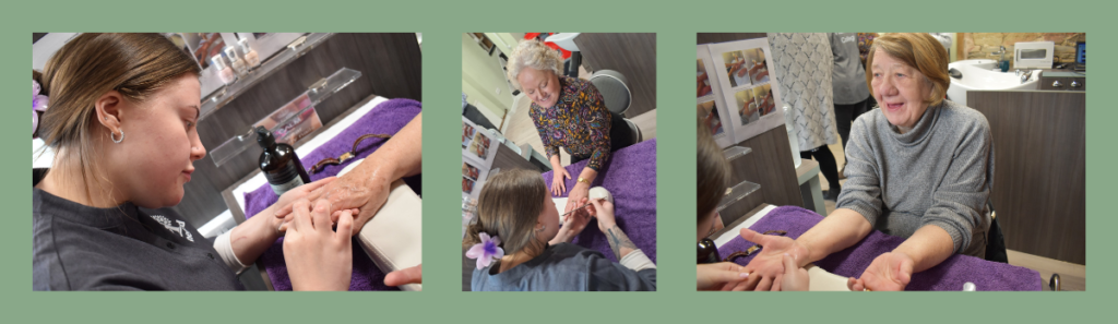 Three photos showing a student performing hand massages and nail files to clients